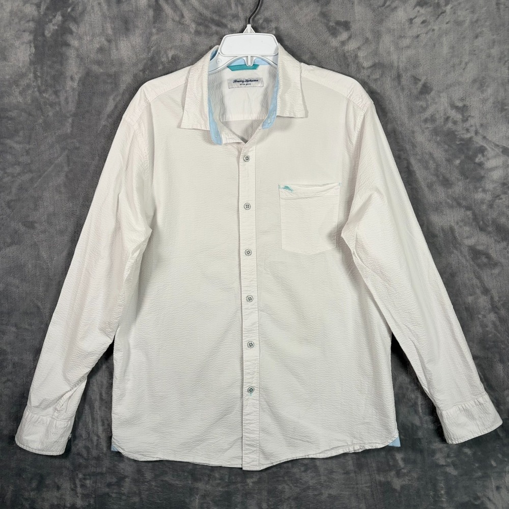 Tommy Bahama Nova Wave Seersucker Shirt Mens Large White Button Up Long Sleeve